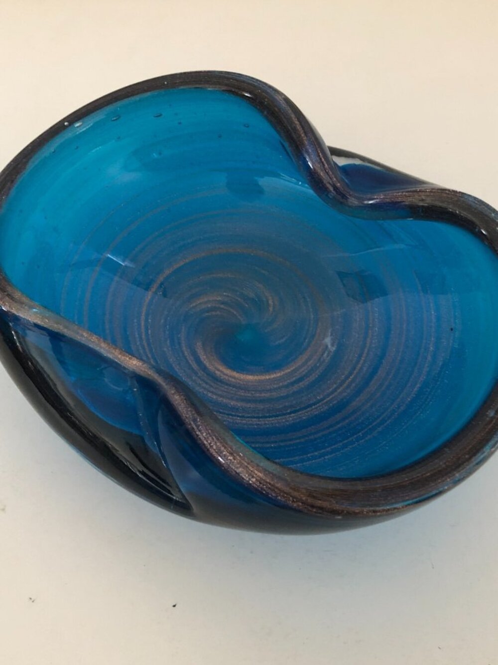 Vintage Murano Art Glass Blue Swirl Gold Flake Dish Ashtray Italy